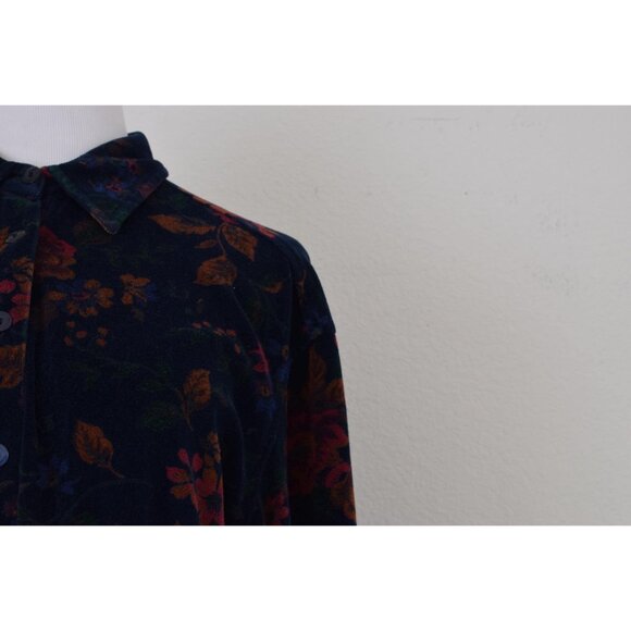 Vintage 80s Cotton/Poly Dark Navy‎ Floral Print Blouse | size Large - Picture 5 of 10
